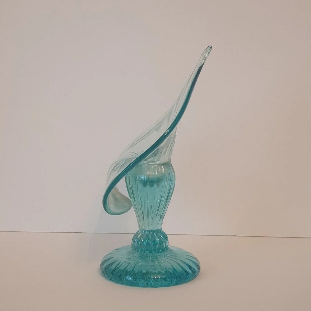 Vintage Jack in the Pulpit Candleholder Iridescent Aqua Glass Hand Blown Signed